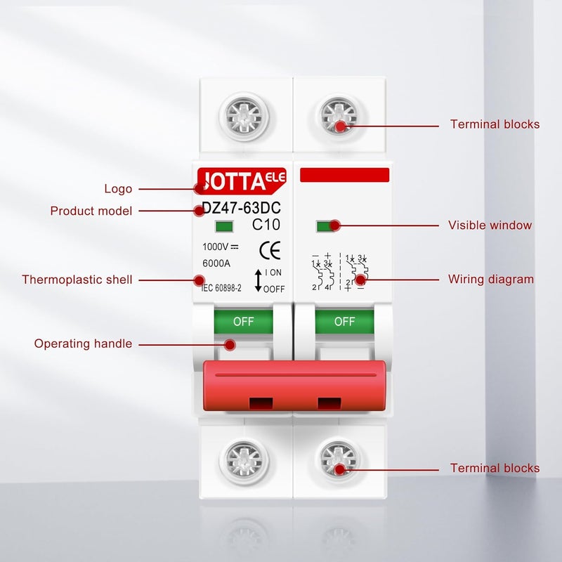 JOTTAELE Solar Panels Disconnect Switch,Miniature DC Circuit Breaker 2 Pole 1000V 10 Amp Isolator for Solar PV System, Thermal Magnetic Trip, DIN Rail Mount (DC 2P 10A 2PCS) - Image 3